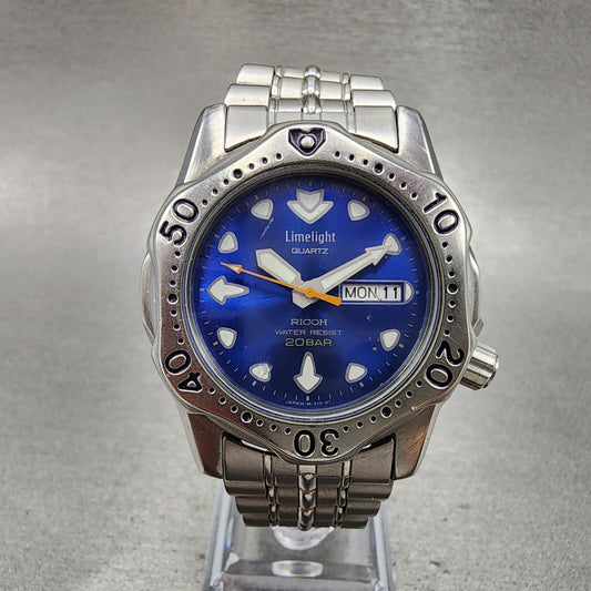 Ricoh Limelight Dive Watch Men 38mm Blue Dial Steel Daydate Round New Battery