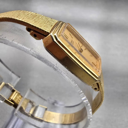 Seiko Watch Women 13mm Gold Dial Gold Tone Rectangle 1320-5770 New Battery VTG2