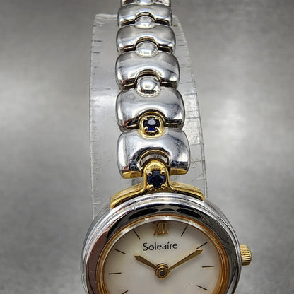 Ricoh Soleaire Watch Women 20mm MOP Dial Two Tone Blue Gemstones Round New Batt