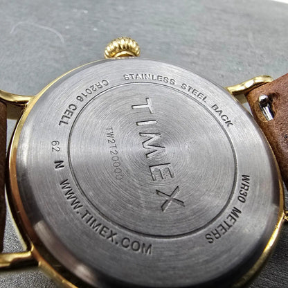 Timex Watch Men 40mm Blue Dial Gold Tone Leather TW2T20000 Indiglo New Battery10