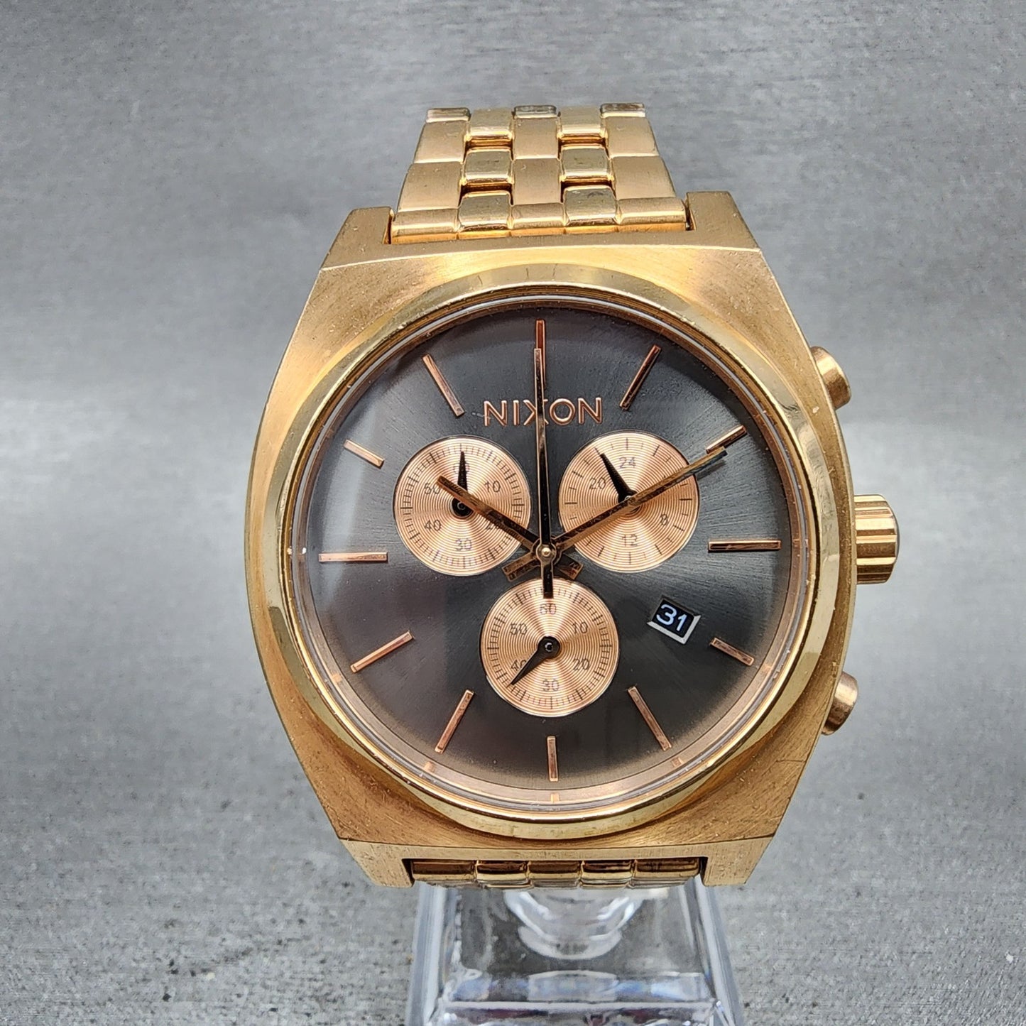 Nixon Time Teller Chrono Watch Women 39mm Gray Dial Rose Gold Tone Date New Batt0