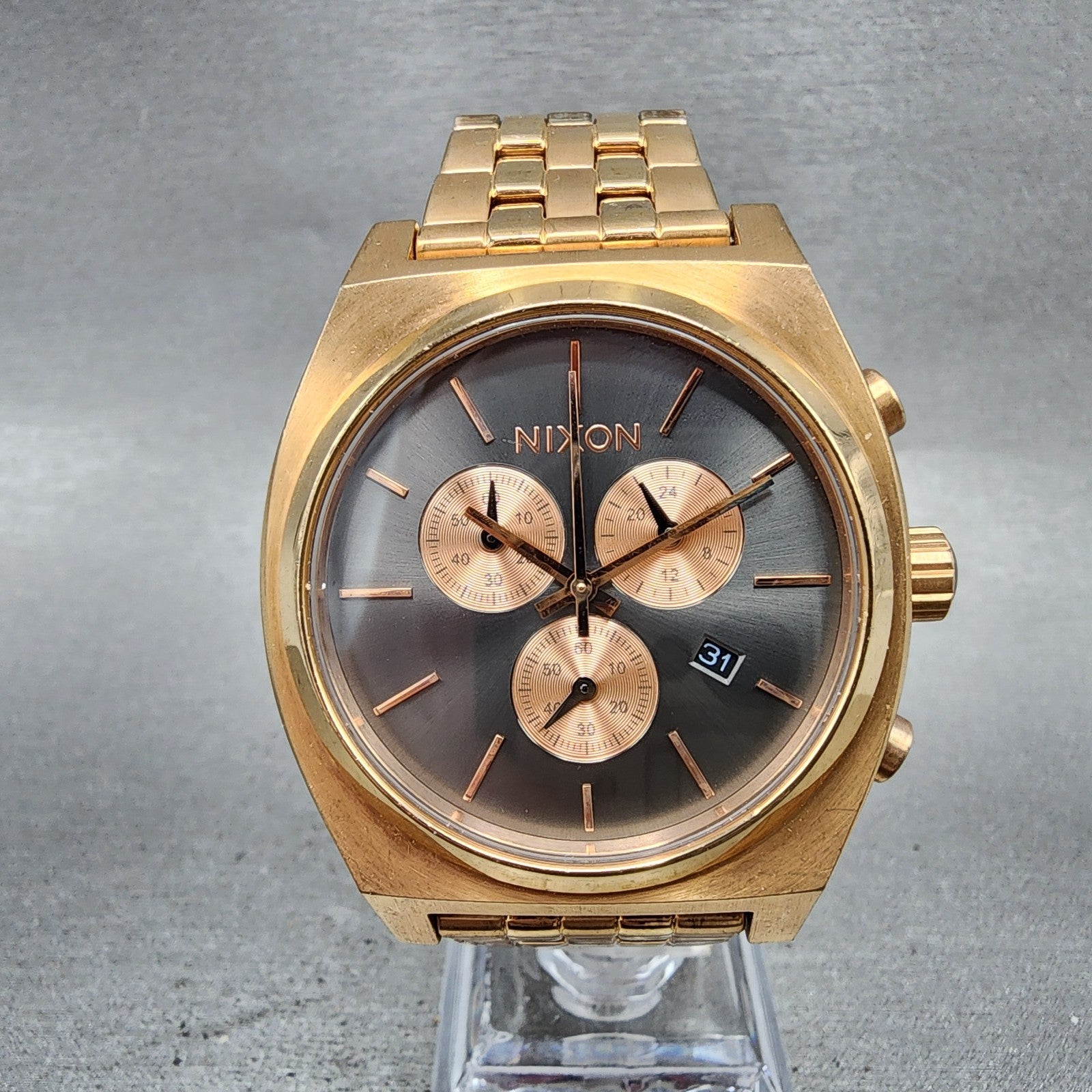 Nixon Time Teller Chrono Watch Women 39mm Gray Dial Rose Gold Tone Date New Batt0