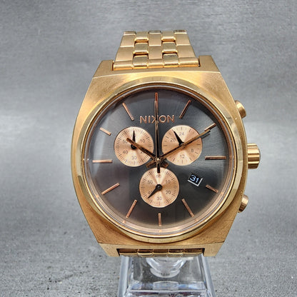 Nixon Time Teller Chrono Watch Women 39mm Gray Dial Rose Gold Tone Date New Batt0