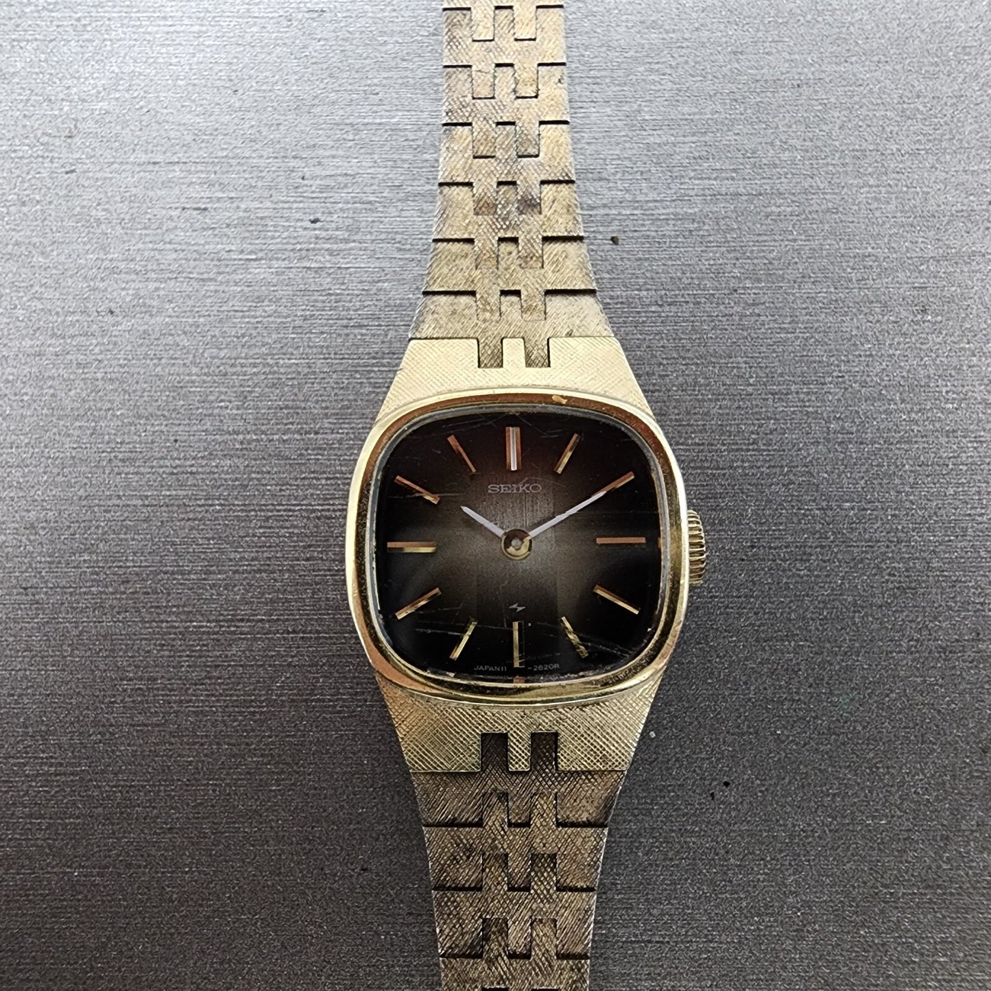 VTG Seiko Watch Women 19mm Brown Dial Gold Tone Rectangle READ!!!!!! Manual0