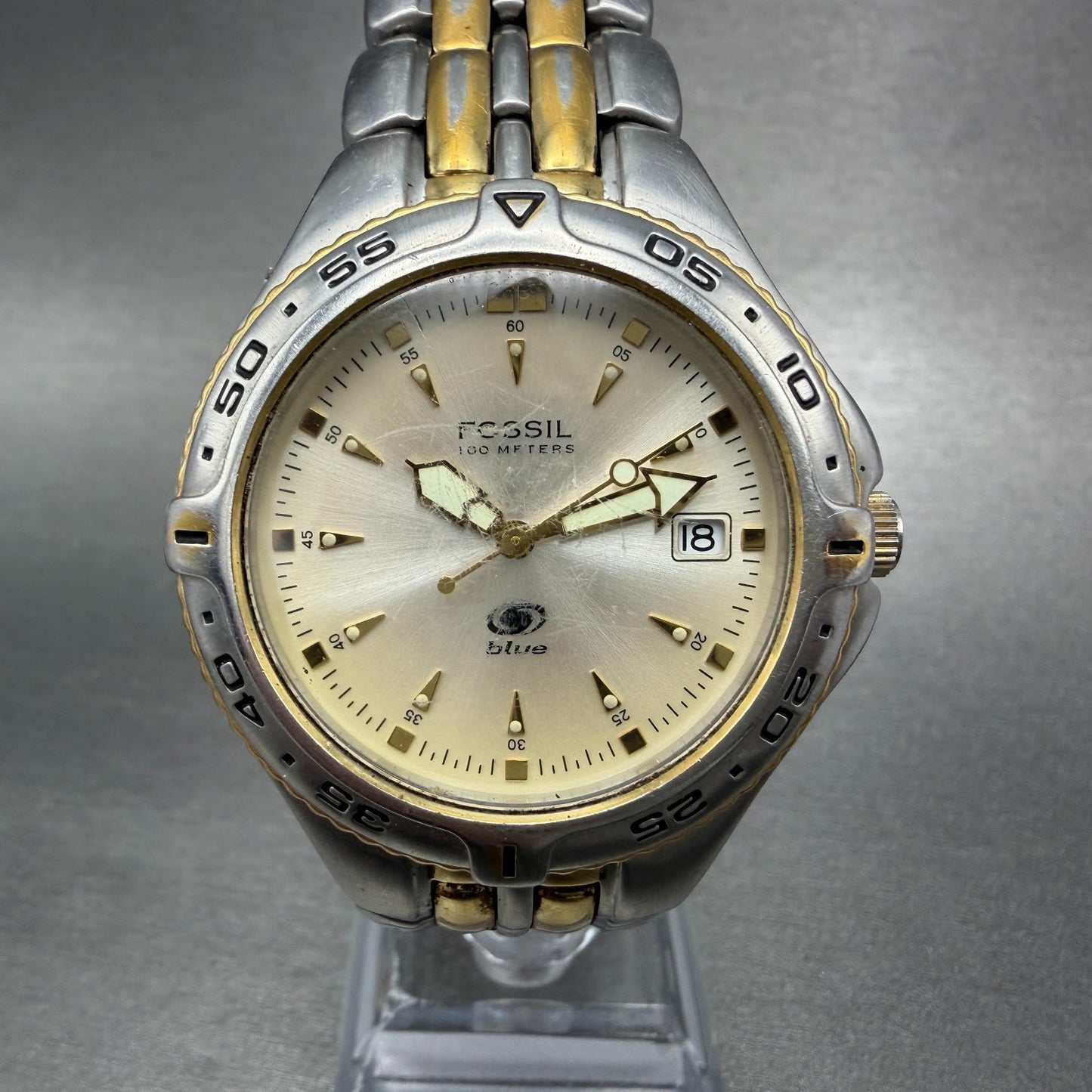 Fossil Dive Watch Men 40mm Champagne Dial Two Tone Date Round AM-3639 New Batt0