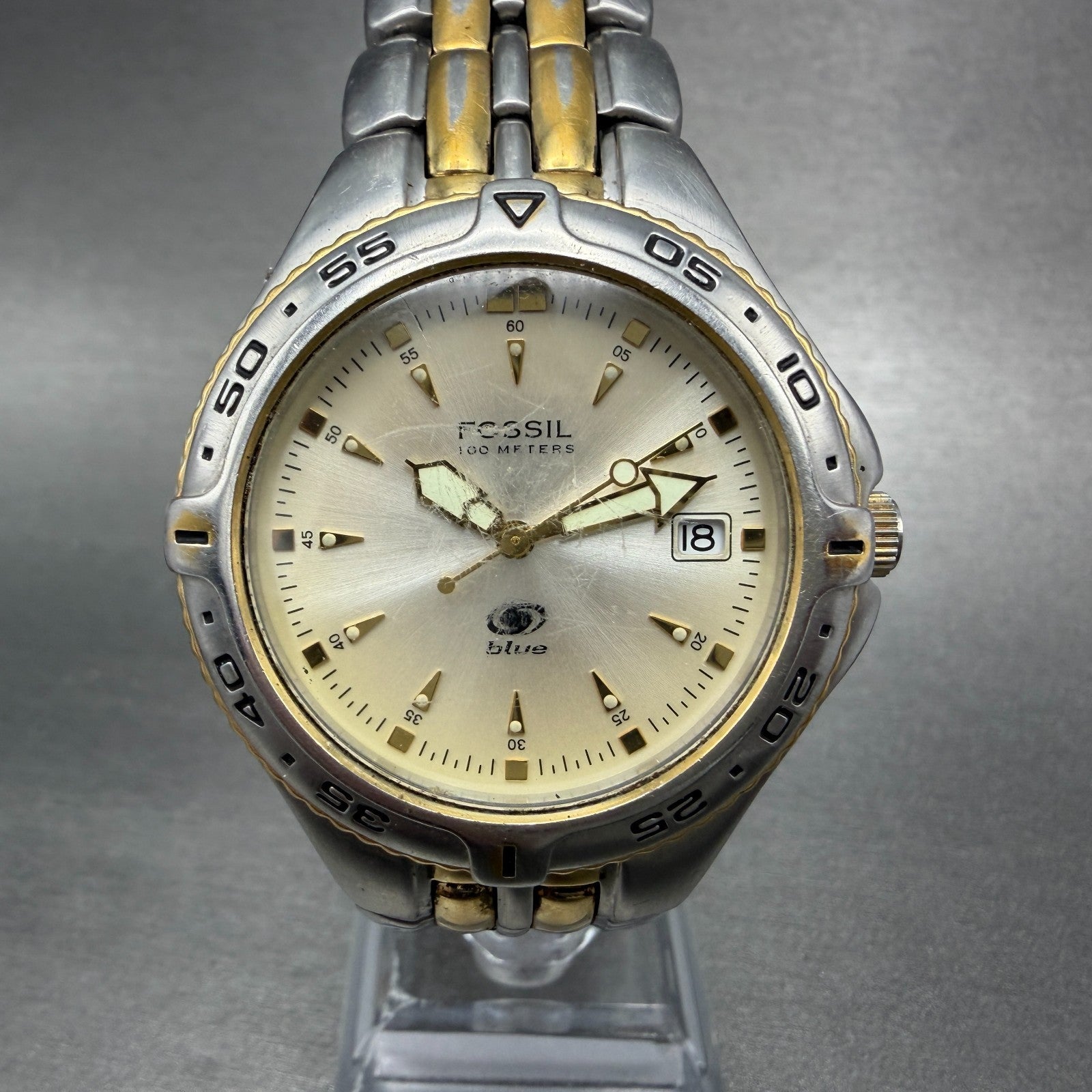 Fossil Dive Watch Men 40mm Champagne Dial Two Tone Date Round AM-3639 New Batt0