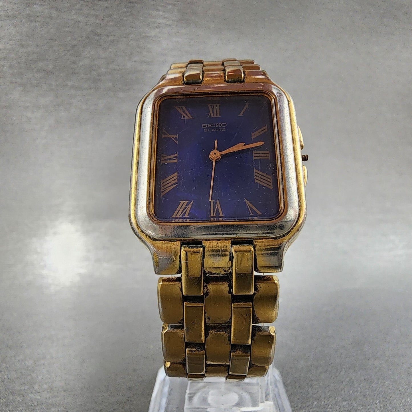 Seiko Tank Watch Men 27mm Blue Dial Gold Tone 7n015009 New Battery READ!!!!!!!!5