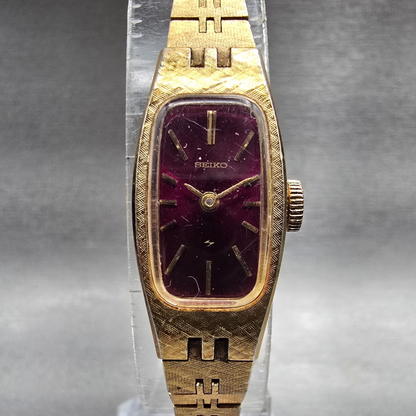 Seiko Watch Women 14mm Purple Dial Gold Tone Oval 1520-3659 Manual Wind Works0