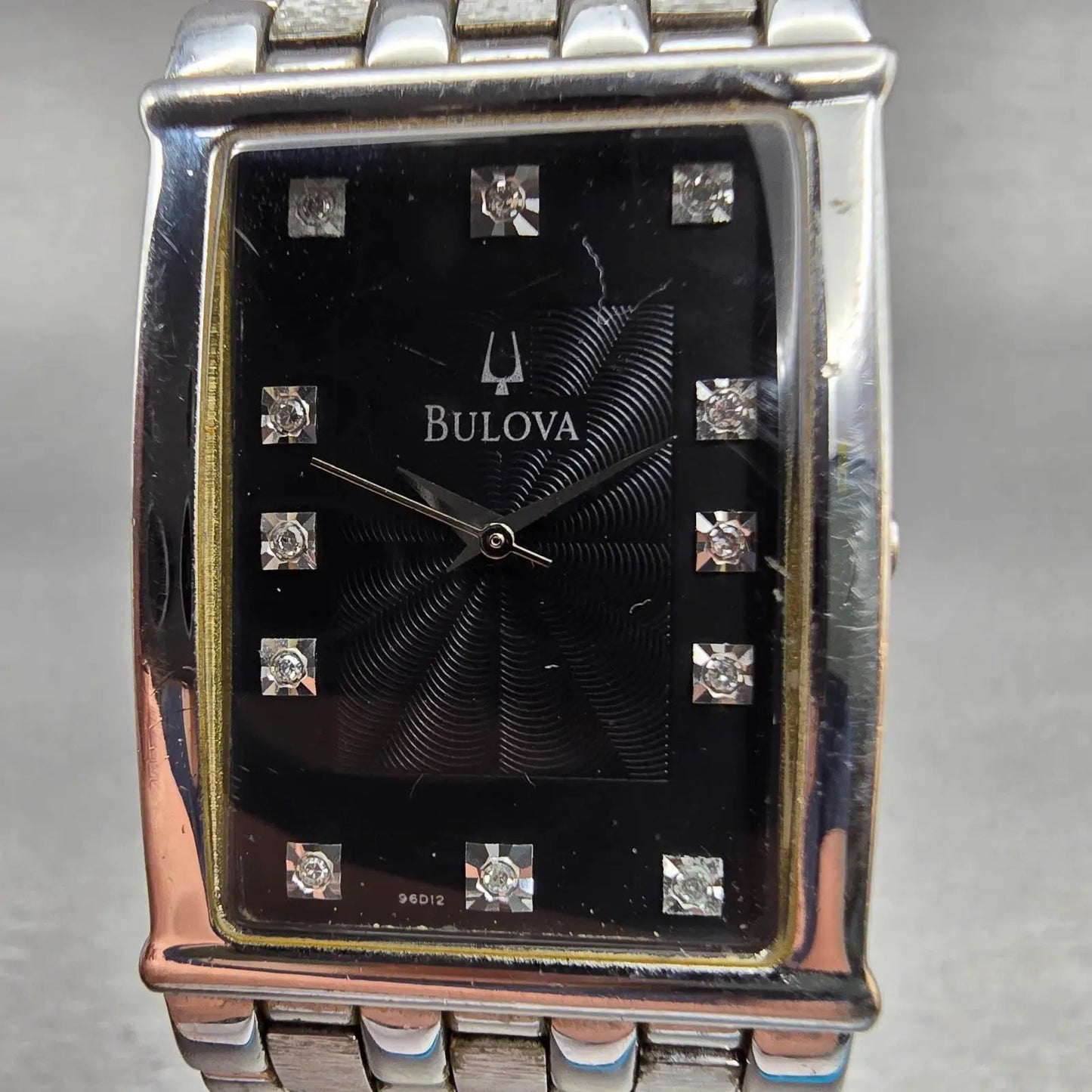 Bulova Watch Men 25mm Black Dial Silver Tone Gemmed Rectangle 96D12 New Batt1