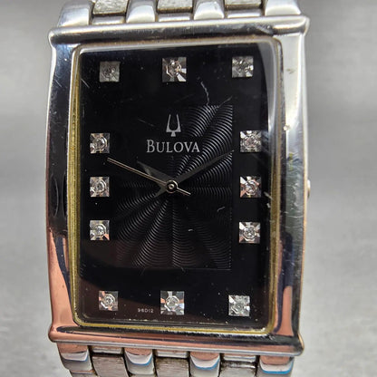 Bulova Watch Men 25mm Black Dial Silver Tone Gemmed Rectangle 96D12 New Batt1