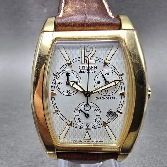 Citizen Eco-Drive Chronograph Watch Men 31mm Gray Dial Gold Tone Date Runs0